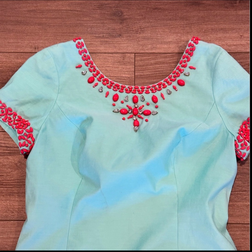 Lilly Pulitzer Aqua Mini Dress with Coral Embroidery - Picture 4 of 8